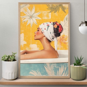 Retro Bathroom Wall Art – Woman Bathtub with Floral Pattern | Mid-Century Modern Digital Print | Vintage Spa Decor |  Colorful Art Download