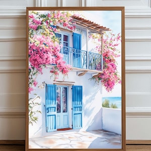 Muurkunst Grieks eiland – Witte huis met blauwe luiken en bougainville – Mediterrane printdecor