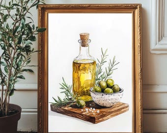 Aquarelprint olijfolie stilleven – rustiek keukendecor (digitale download)