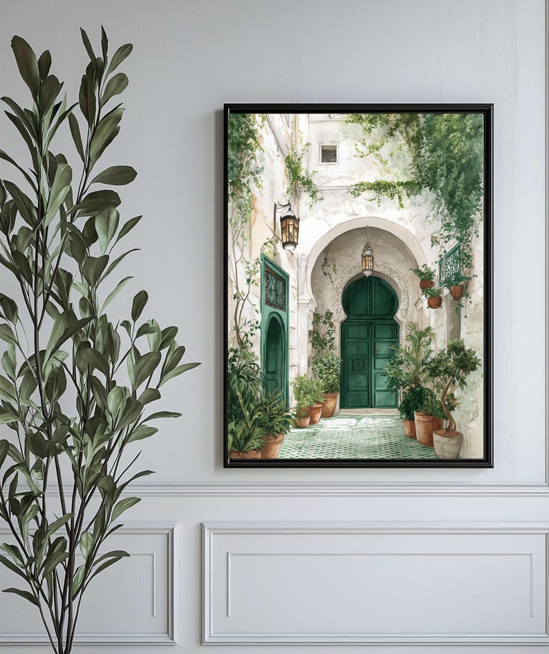 Moroccan Courtyard Watercolor Print | Green Door Wall Art ...