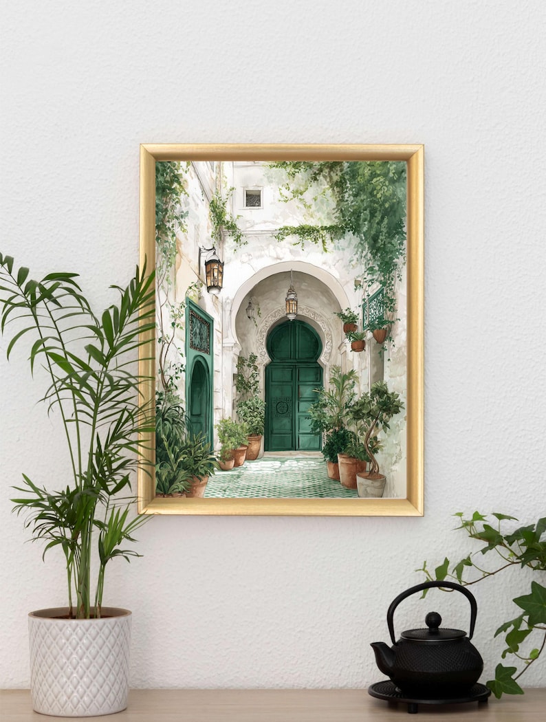 Moroccan Courtyard Watercolor Print | Green Door Wall Art ...