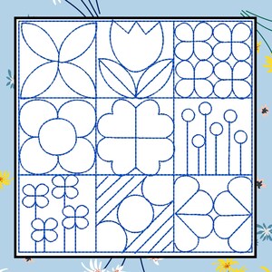May include: A square embroidery pattern featuring a grid of nine distinct sections, each containing blue stitched line art of various floral and geometric shapes, set against a light blue background with scattered yellow and white flower illustrations.