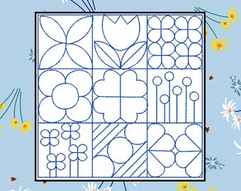 幾何学模様のミシン刺繍 - 9つの正方形 - 花と円