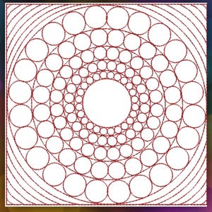 May include: A square design featuring concentric circles of varying sizes, creating a spiral effect. The circles are outlined in a reddish-brown color against a white background. The design has a geometric and symmetrical pattern.