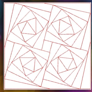 May include: Geometric design featuring four repeating spiral patterns. Each pattern is composed of red lines on a white background, creating a symmetrical and abstract design. The lines form triangles and squares.