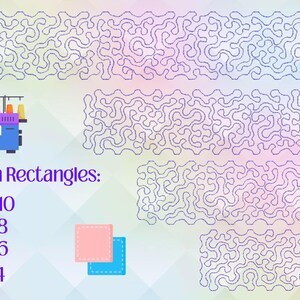 May include: An illustration of several rectangular quilt patterns with a swirling design in blue thread. The image also includes a sewing machine and two small fabric squares. Text reads "2 Inch Rectangles: *2 X 10, *2 X 8, *2 X 6, *2 X 4."