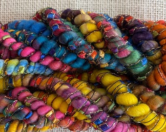 Brilliant Bulky Core Spun Coils Wrapped with Metallic Ladder Yarn - Hand Dyed "Fiesta" Wool