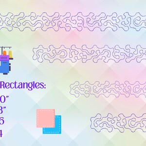 May include: An illustration of quilting designs in a repeating pattern. The image includes a sewing machine, two small fabric squares, and text that reads "1 Inch Rectangles: *1" X 10", *1" X 8", *1" X 6, *1" X 4". The background is a soft gradient of pink, blue, and yellow.