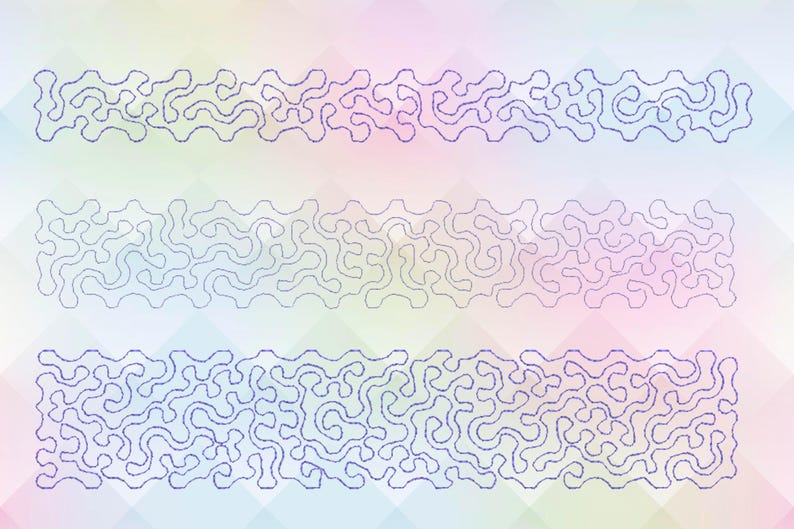 May include: Three blue, free-motion quilting designs on a pastel background. Each design features a unique, flowing, organic pattern, perfect for adding texture and visual interest to fabric projects. The designs are ideal for quilting.