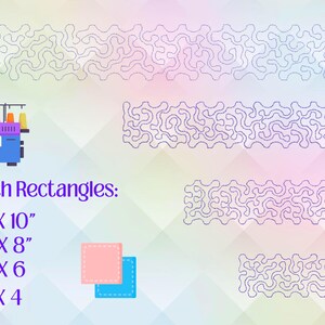 May include: An illustration featuring a sewing machine and several rectangular designs with a wavy pattern. The text reads "1.5 Inch Rectangles: *1.5" X 10", *1.5" X 8", *1.5" X 6, *1.5" X 4". Two small squares, one pink and one blue, are also present.