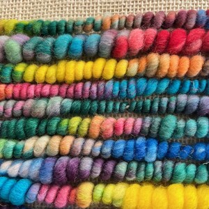 Handspun Art Yarn - Corespun Coils - Hand Dyed and Spun Merino Wool - "Fiesta" -Weaving, Knitting, Crocheting, Tapestries, Macrame