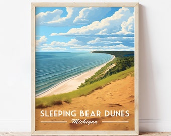 May include: A vintage-style poster with a scenic view of Sleeping Bear Dunes National Lakeshore in Michigan. The poster features a panoramic view of the sandy dunes, the blue waters of Lake Michigan, and a lush green forest in the background. The text "SLEEPING BEAR DUNES Michigan" is printed in white at the bottom of the poster.