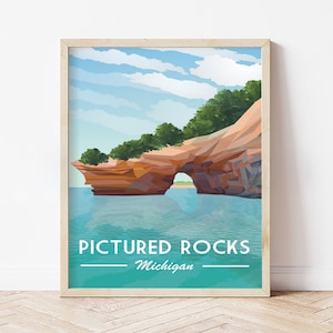 Pictured Rocks, Upper Peninsula, Lake Superior, Michigan print, Great Lakes, travel poster, vintage art print, michigan wall decor