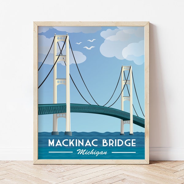 Mackinac Bridge, Michigan print, Lake Huron, Great Lakes, Lake Michigan, Michigan art, travel poster, vintage art print, michigan wall decor