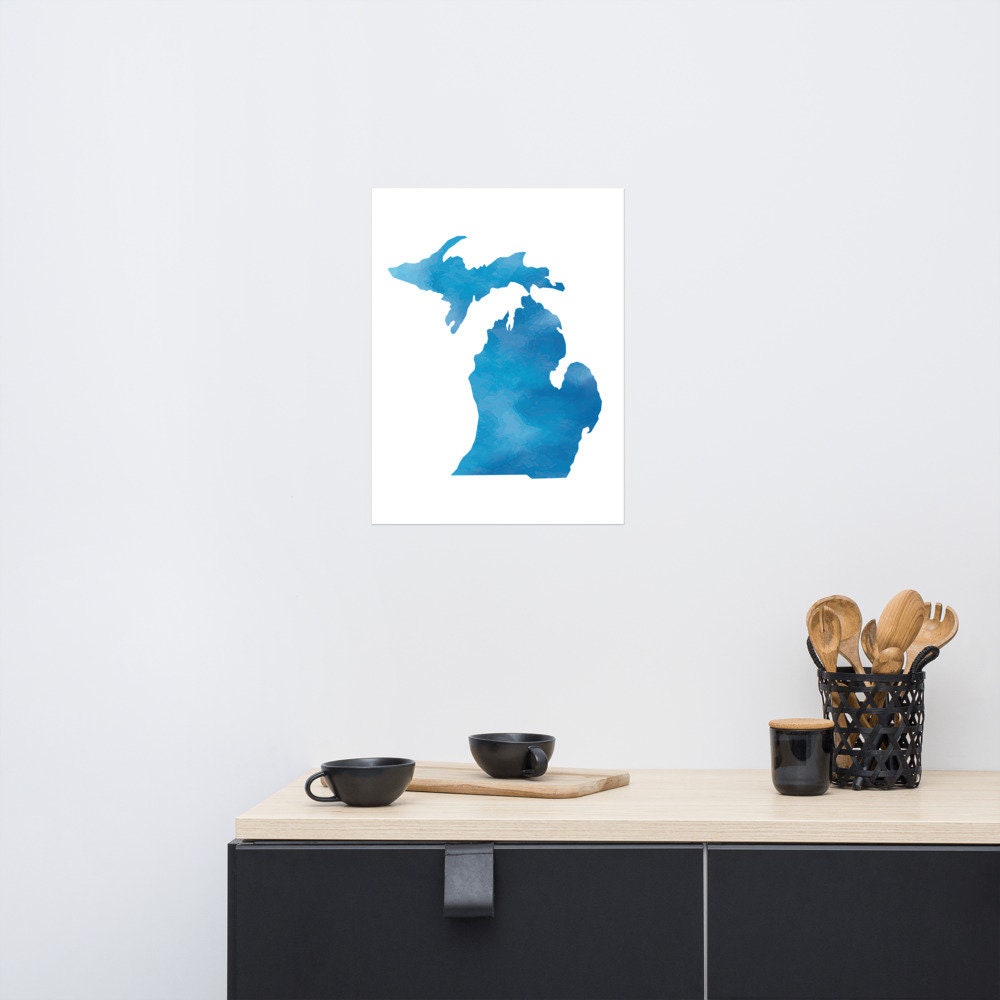 Michigan Watercolor Art Shape of Michigan Print State Art | Etsy