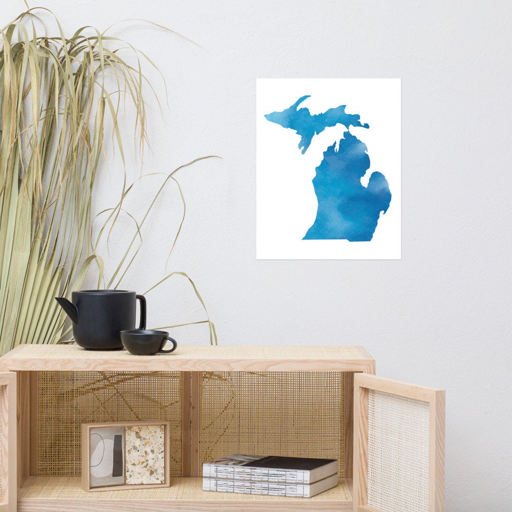 Michigan Watercolor Art Shape of Michigan Print State Art | Etsy