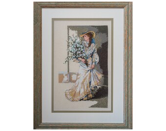 Vintage Original Viktorianische Frauen mit BlumenStickerei Wandbehang