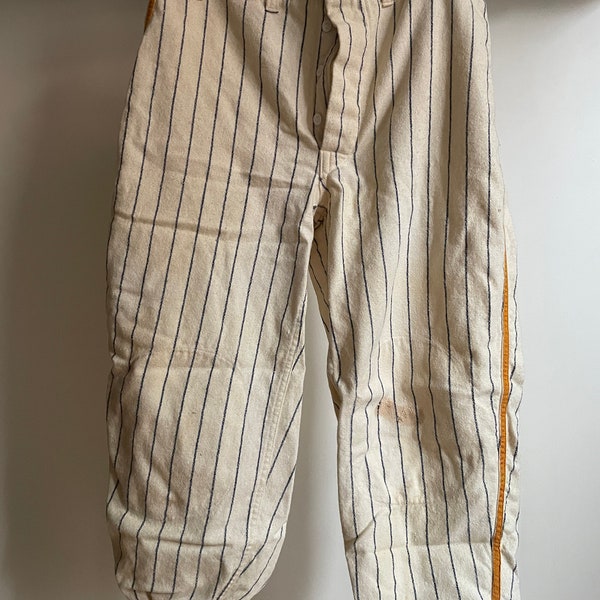 Vintage 1950’s Maple athletic sportswear genuine Dodge Davis flannel sanforlan pintstripe with gold piping baseball pants 32” waist 13” rise