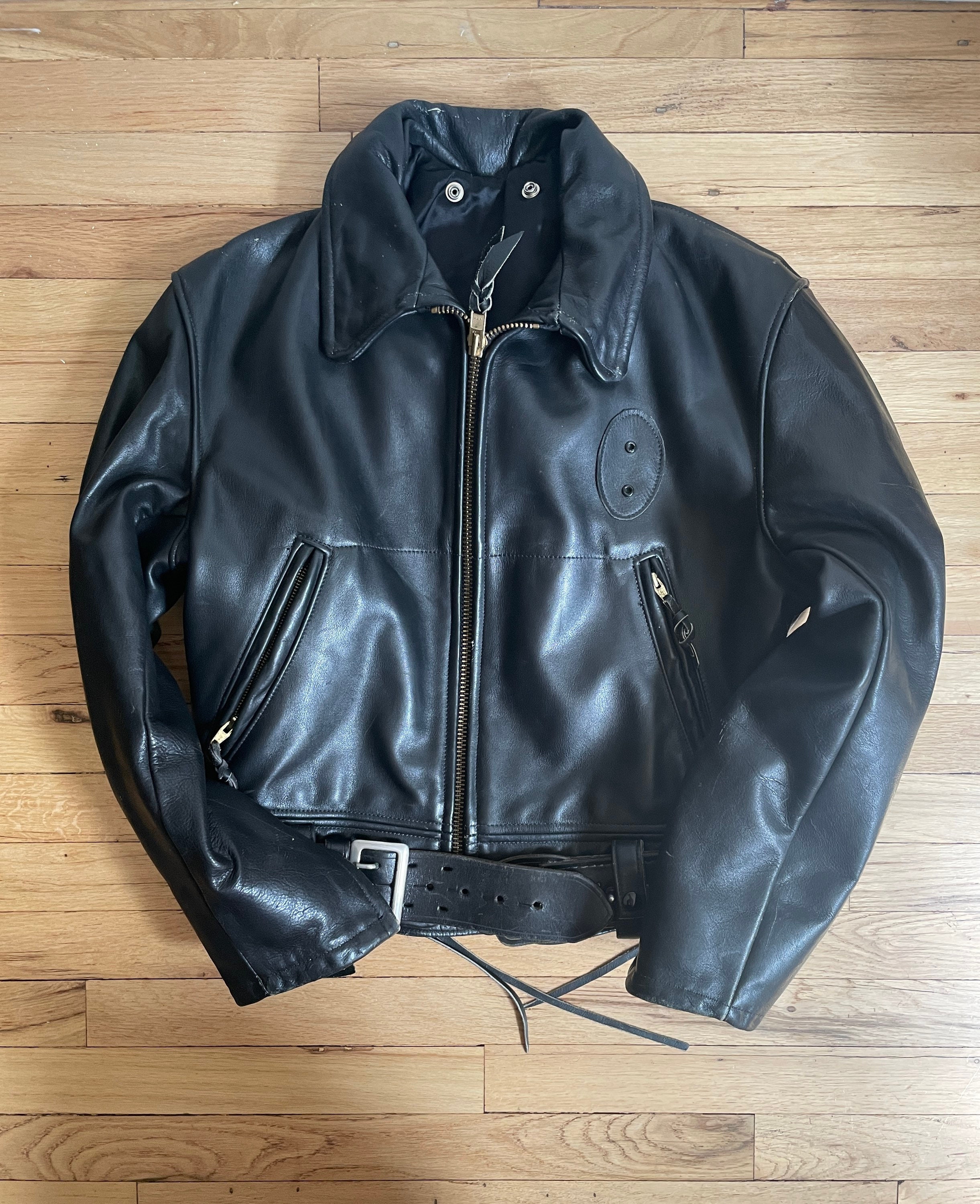 Vintage 1970’s california highway patrol leather motorcycle jacket. Approx  size medium. Shearling lined cuffs. In excellent condition