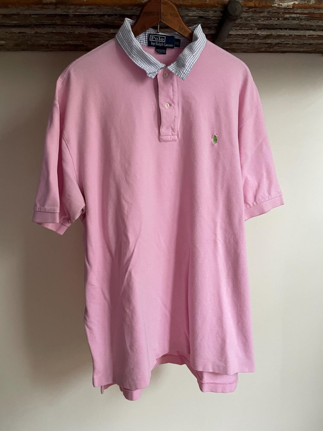 こ*可様 Polo by Ralph Lauren ピンク ポロシャツ90S激レ 1点物◇ラルフローレンPOLOピンク紺ポロシャツ古着メンズMLレディース