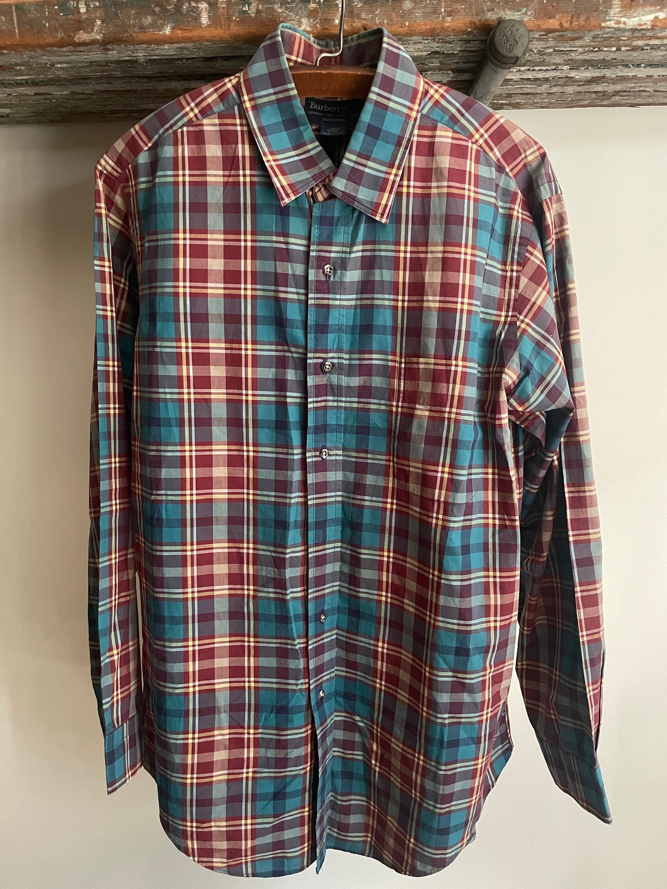 Vintage Burberry Plaid Oxford Shirt. Size Large. Made in the USA