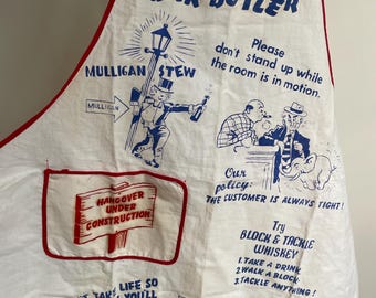 vintage 1950’s bar apron deadstock cotton linen 40” Long 25” wide. made in the USA.