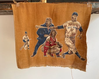 Vintage handmade 20” x 16” burlap embroidered and patched baseball folk art. Circa 1950’s.