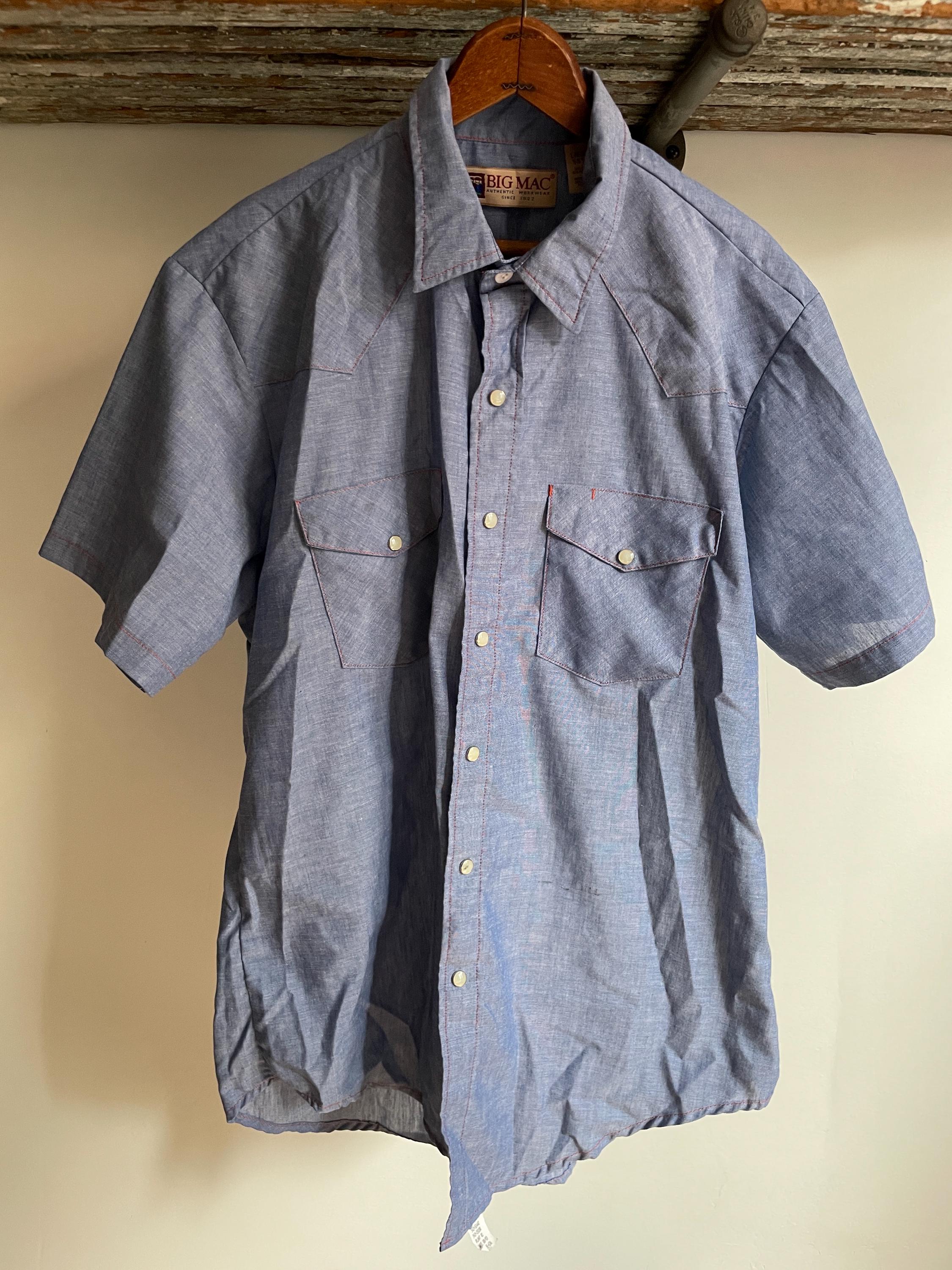 ’80s BIGMAC SHORT SLEEVE CHAMBRAY SHIRT Vtg Big Mac Mens Chambray Permanent Press Cotton Polyester