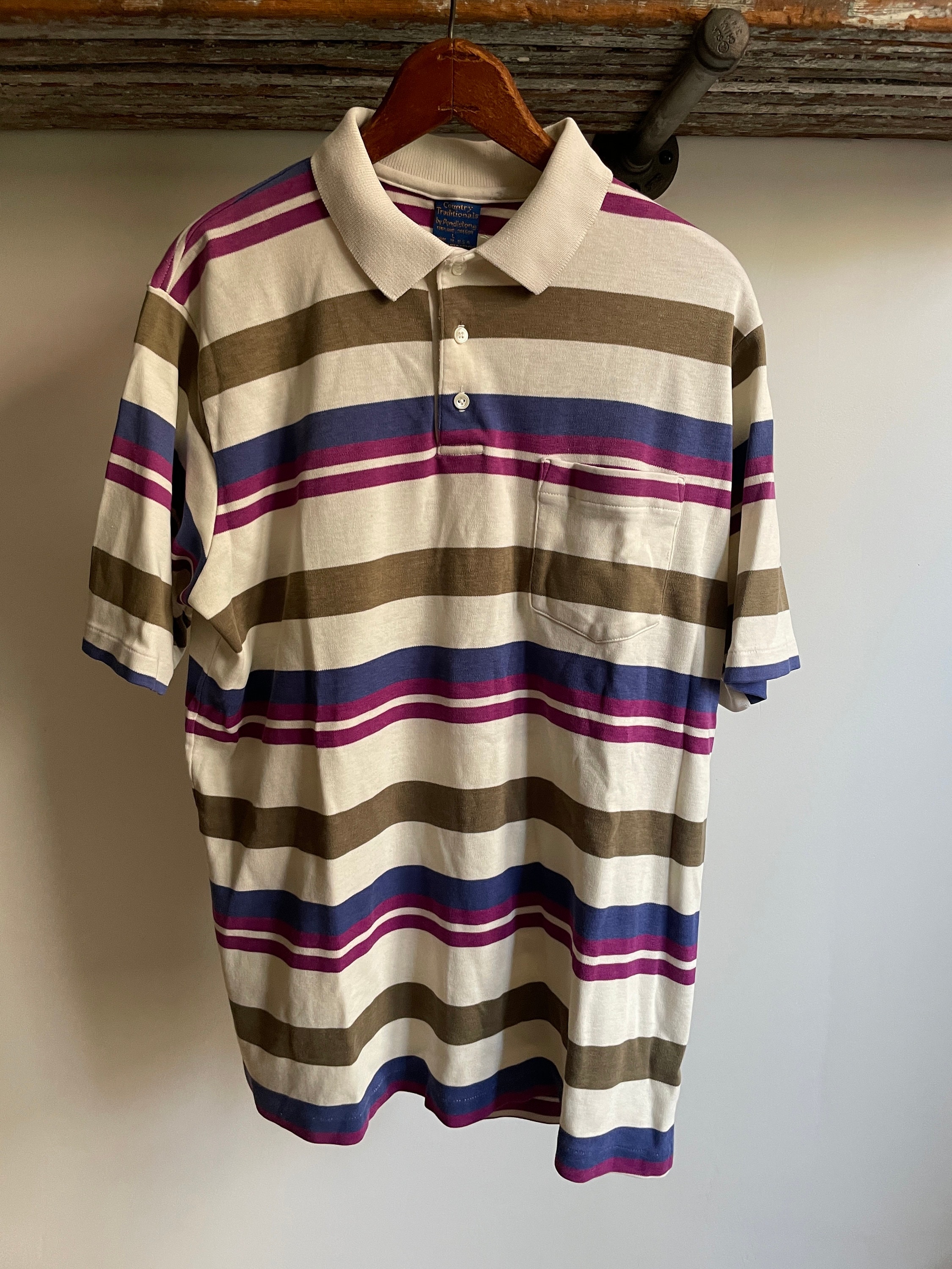 Vintage 90’s Country Traditionals by Pendleton Portland Oregon one pocket striped polo shirt. Size large. Made in the USA. 100% cotton. 25”