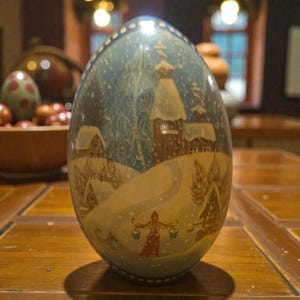 May include: A hand-painted wooden egg featuring a winter landscape scene. The egg is painted with a blue sky, snow-covered houses, and a figure carrying buckets. The egg is approximately 4 inches tall.
