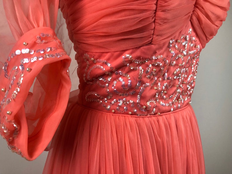 Vintage Coral Sequinned Chiffon Event Gown