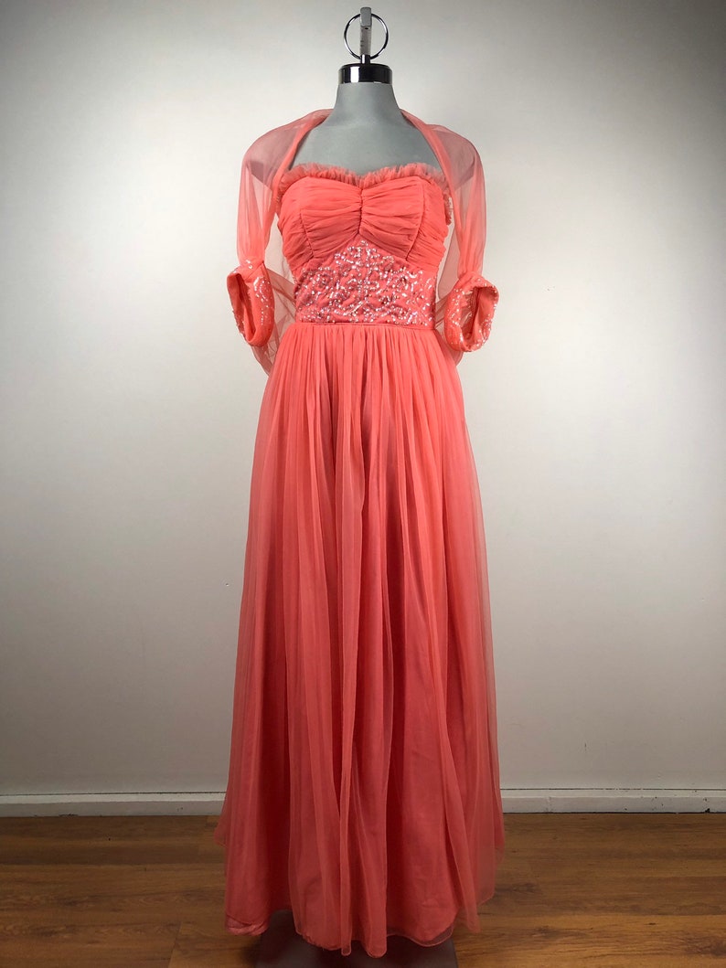 Vintage Coral Sequinned Chiffon Event Gown