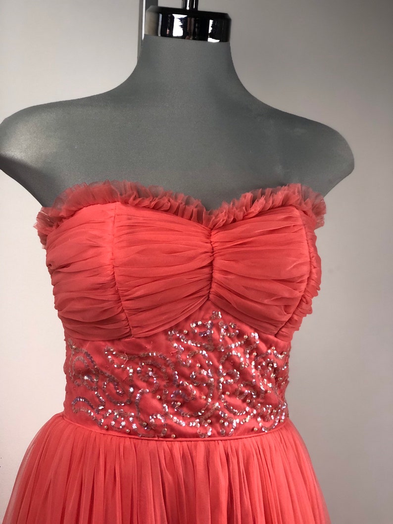 Vintage Coral Sequinned Chiffon Event Gown