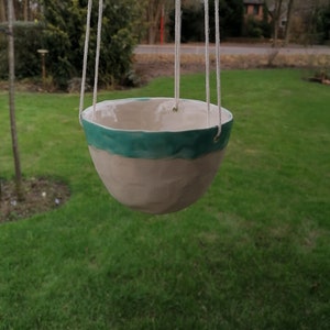 Hanging traffic light, handmade ceramic flower light, beige/turquoise, planter