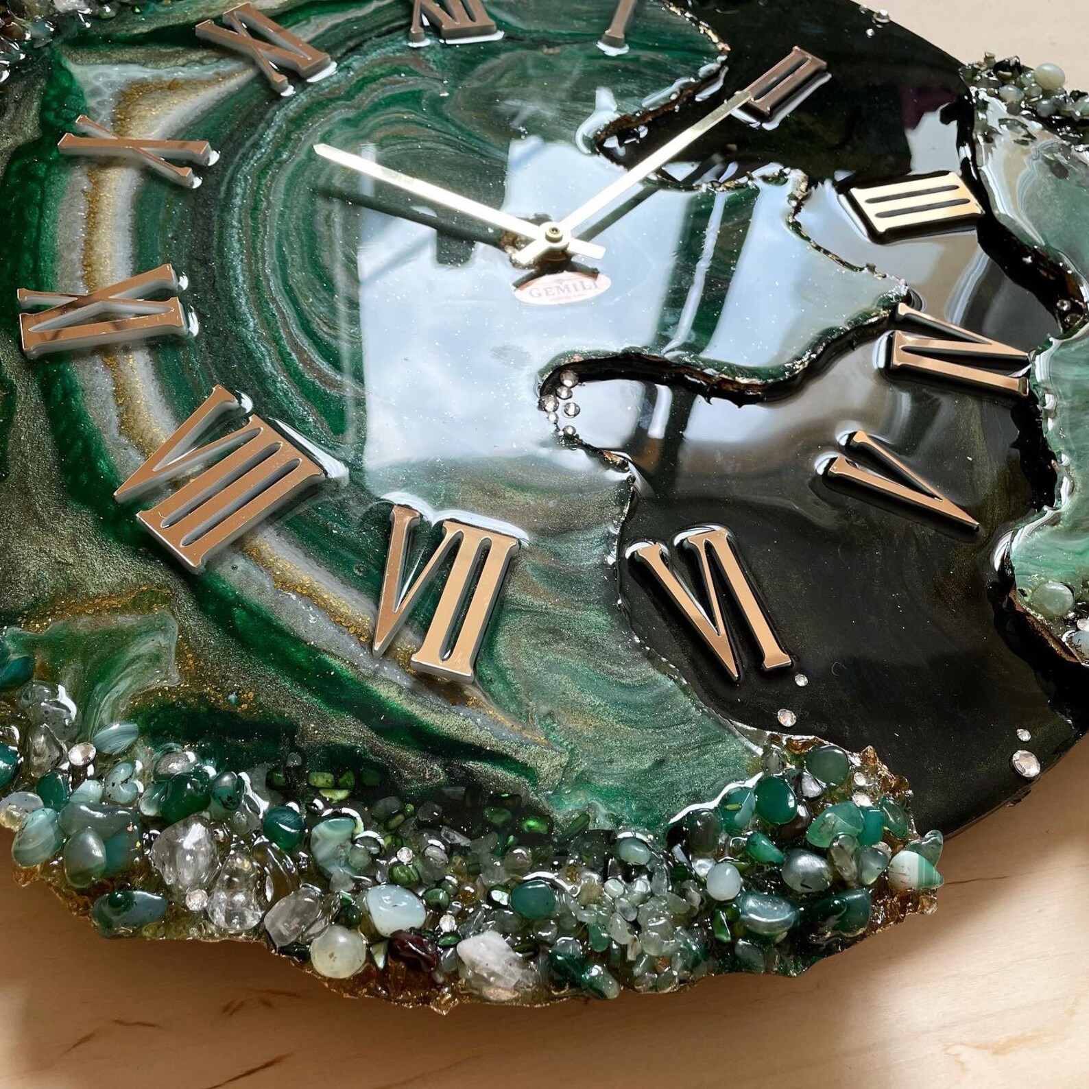 Epoxy wall clock with natural stones. Unique handmade design. Etsy