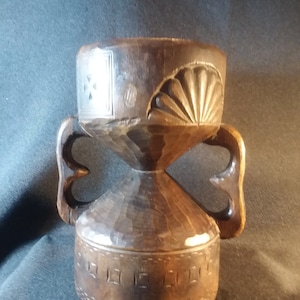 Antique Swedish Folk Art Carved Wood Double Bowl Loving Cup