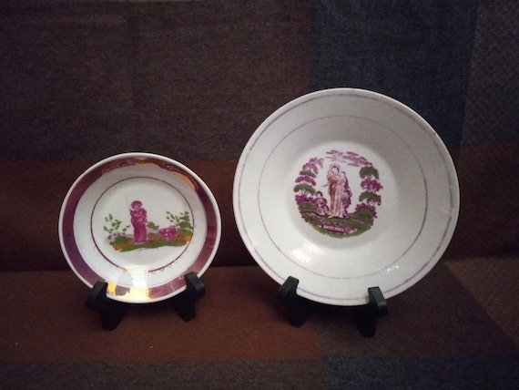 Antique 19th Century Transfer Printed Pink Lusterware Pottery Bowls