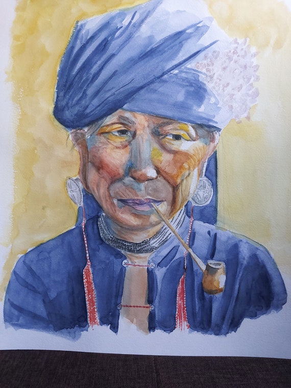 水彩画 女性の肖像 青いターバン