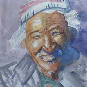watercolor portrait old man Nepal