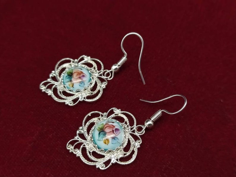 cabochon 10x10mm Openwork earrings in filigree way of Russian Rostov Finift Enamel floral pattern 20x20 mm 0.78*0.78 in 0.39*0.39 inches
