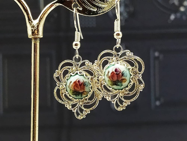 cabochon 10x10mm Openwork earrings in filigree way of Russian Rostov Finift Enamel floral pattern 20x20 mm 0.78*0.78 in 0.39*0.39 inches