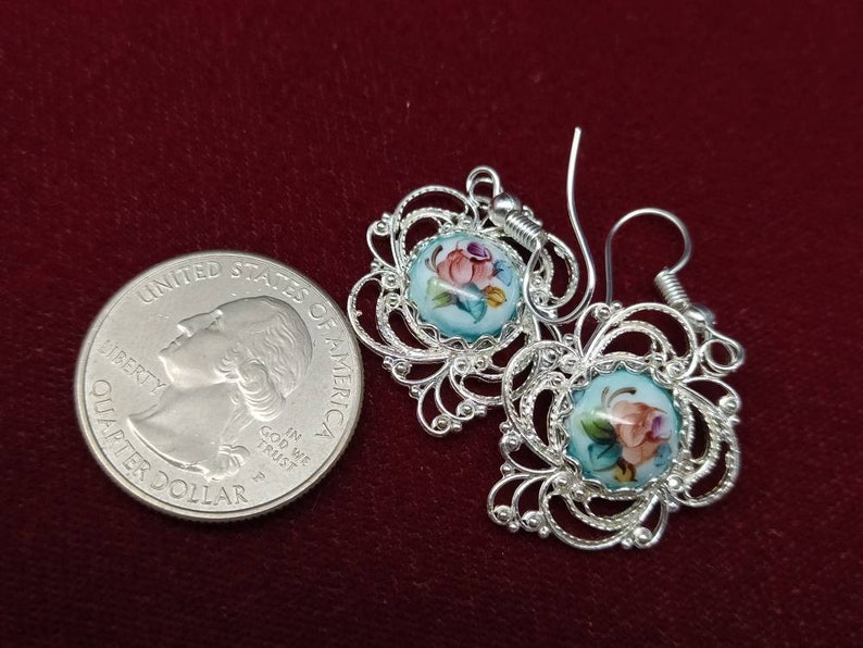cabochon 10x10mm Openwork earrings in filigree way of Russian Rostov Finift Enamel floral pattern 20x20 mm 0.78*0.78 in 0.39*0.39 inches