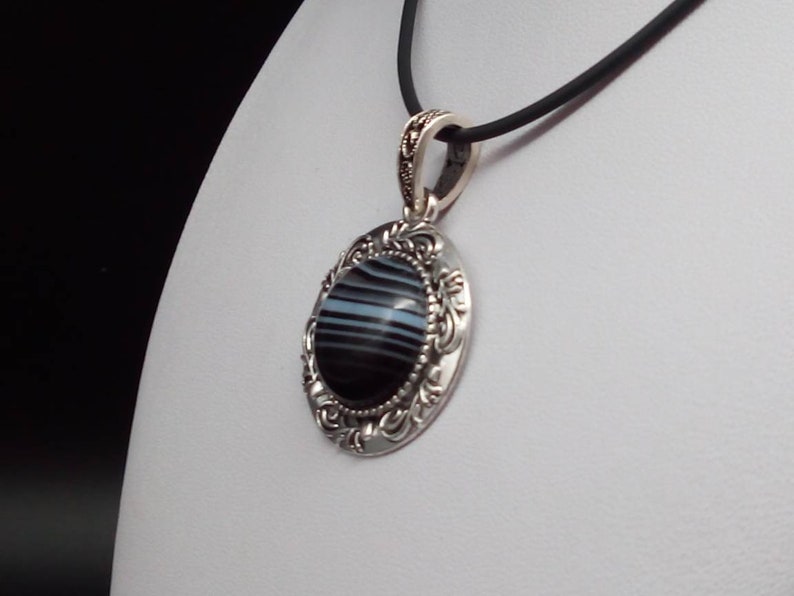 Gothic circle pendant with cabochon 20 mm 0.98 inches Black Striped Onyx silver plated copper frame 30 mm 1.18 Inches