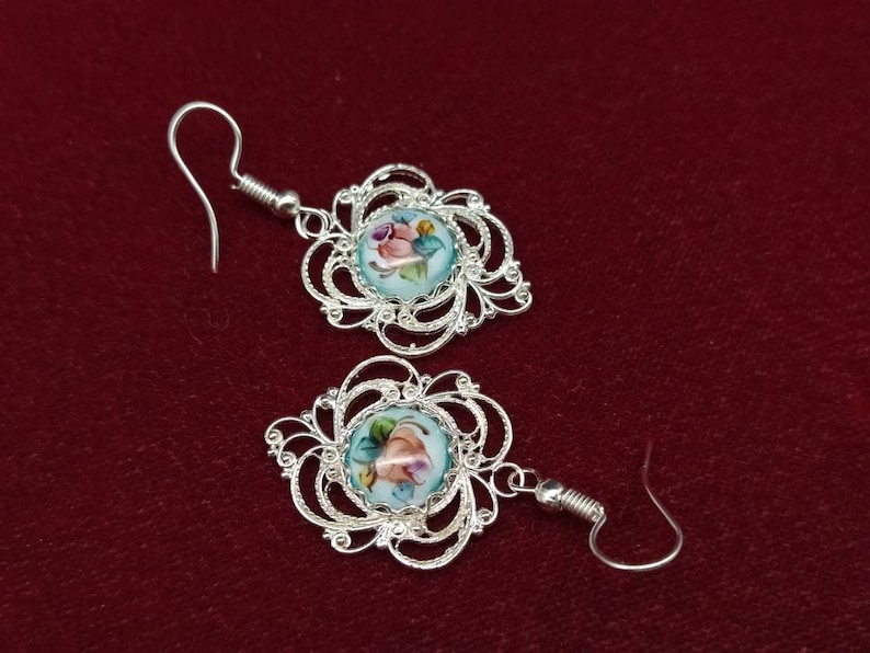 cabochon 10x10mm Openwork earrings in filigree way of Russian Rostov Finift Enamel floral pattern 20x20 mm 0.78*0.78 in 0.39*0.39 inches