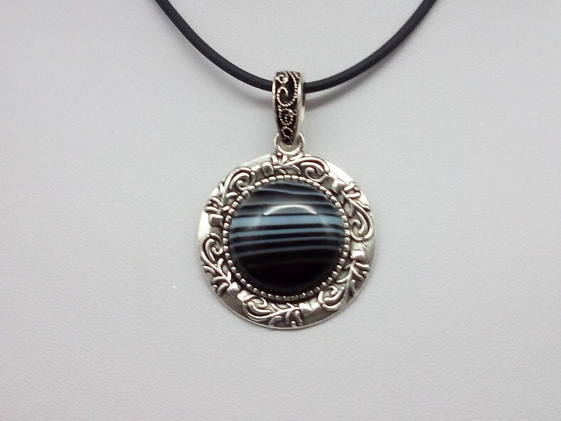 Gothic circle pendant with cabochon 20 mm 0.98 inches Black Striped Onyx silver plated copper frame 30 mm 1.18 Inches