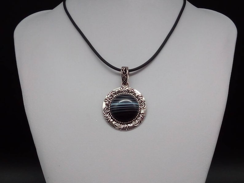 Gothic circle pendant with cabochon 20 mm 0.98 inches Black Striped Onyx silver plated copper frame 30 mm 1.18 Inches