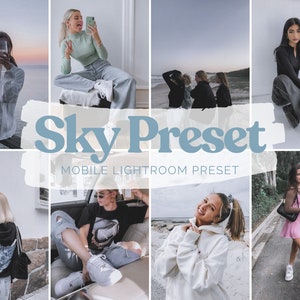Puede incluir: Un collage de fotos de estilo de vida con una superposición azul claro y el texto "Sky Preset" y "Mobile Lightroom Preset". Las imágenes presentan a personas en varios entornos, incluyendo una playa, un coche e interiores, mostrando una estética consistente.