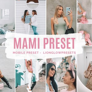 Puede incluir: Un collage de fotos de estilo de vida con una superposición rosa y el texto "MAMI PRESET". Las imágenes presentan a varias mujeres en diferentes entornos, incluyendo posando, tomando selfies y haciendo ejercicio. También se ve el texto "MOBILE PRESET - LIONGLOWPRESETS".