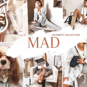 Puede incluir: Un collage de imágenes que presentan una variedad de elementos de moda y estilo de vida. Las imágenes incluyen a una mujer con un blazer azul claro, una mujer con una camisa blanca y pantalones cortos, una mujer con un blazer azul claro y pantalones cortos, un perro con gafas de sol y una mujer sentada en una silla con un portátil. El texto "MAD CELEBRITY COLLECTION" se muestra en el centro del collage.
