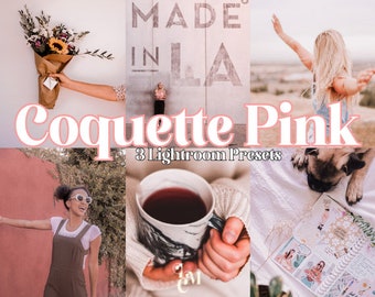 May include: A collage featuring lifestyle images with a pink theme. The text "Coquette Pink" and "8 Lightroom Presets" are displayed. Images include a bouquet, a woman in front of a wall, a woman with arms raised, a woman in overalls, a mug, and a notebook.